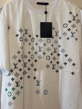 Louis Vuitton White Short Sleeve Tee with Black & Green Monogram